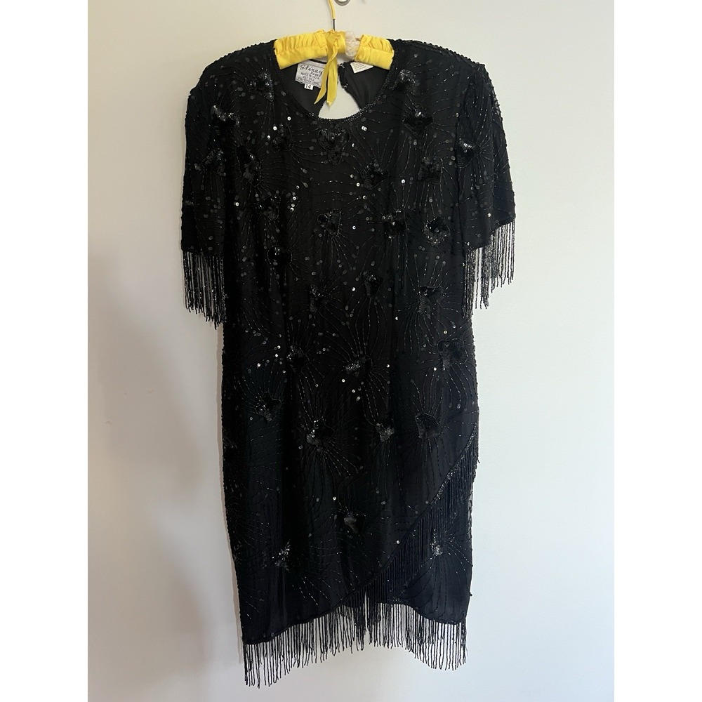 Sz 14 Vintage 100% Silk Stenay Beaded Sequins Dress Flapper Faux Wrap Black